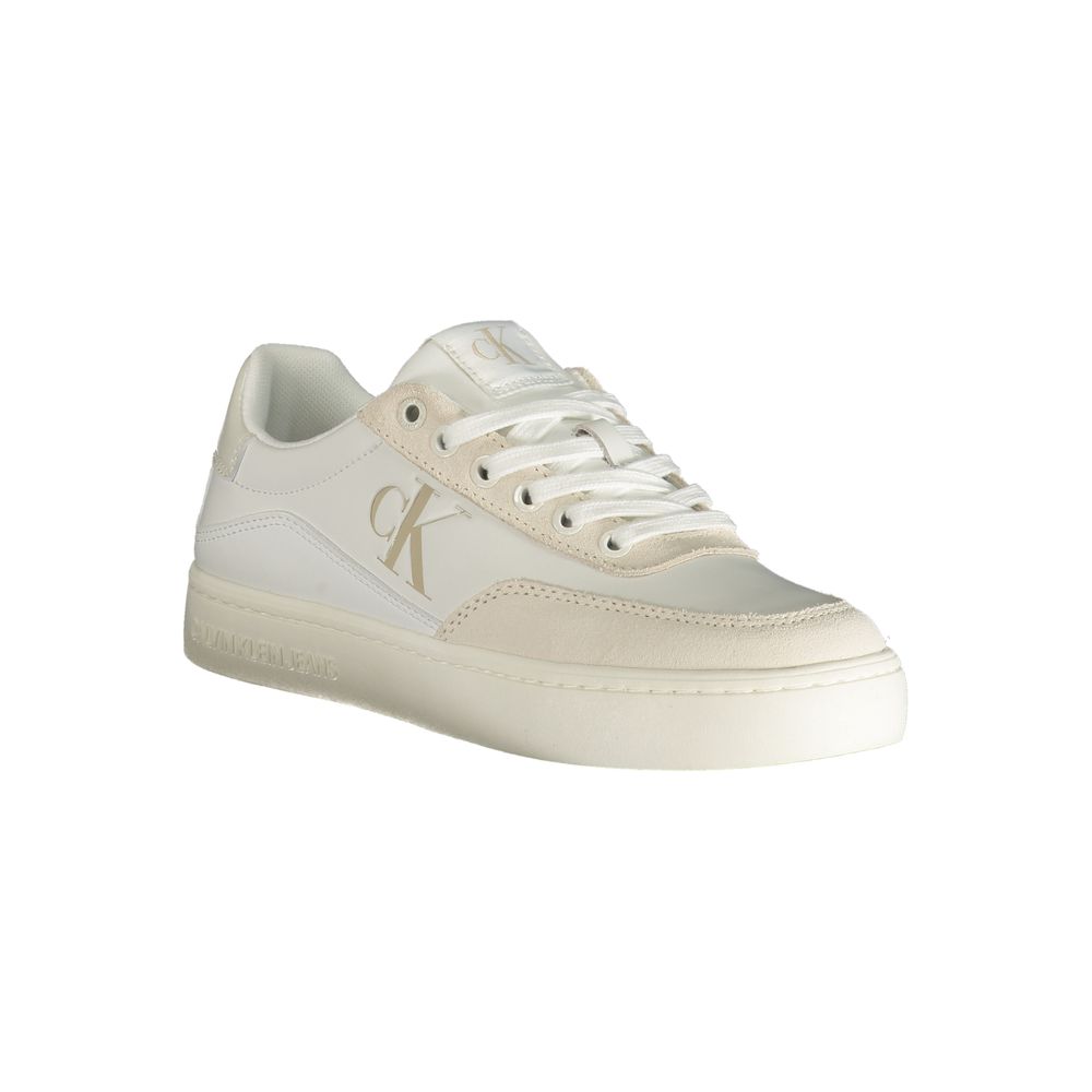 Athletic Sneakers by Calvin Klein for women in polyester polyurethane leather white & print features an architectural silhouette, showcasing the premium athletic style of the Women's Athletic Polyester Polyurethane Leather Sneakers with an architectural finish.