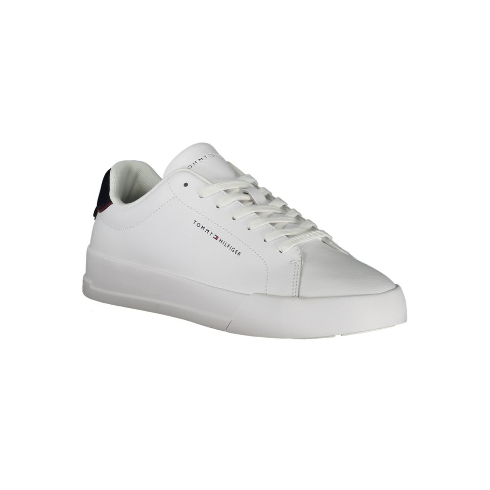 Athletic Sneakers by Tommy Hilfiger for men in polyester polyurethane leather blue & white showcases a architectural silhouette, artfully capturing the essence of the Men's Athletic Polyester Polyurethane Leather Sneakers with its signature architectural athletic style construction.