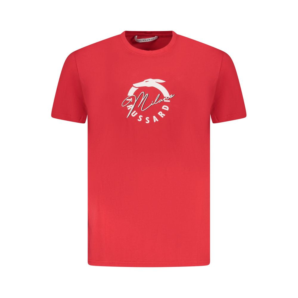 T-Shirt by Trussardi for men in cotton red & print showcases a fashionable silhouette, elegantly detailed with a fashionable short-sleeve and crew neckline for a sophisticated, high-fashion look.