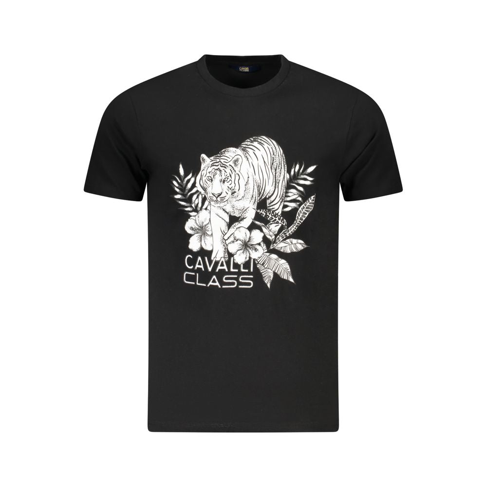 T-Shirt by Cavalli Class for men in cotton black & print showcases a unassuming silhouette, artfully detailed with a refined crew neckline and unassuming short-sleeve for a sophisticated, contemporary look.