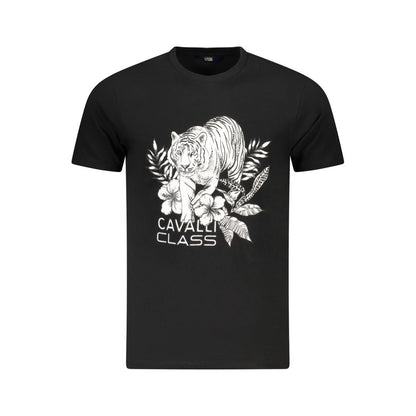 T-Shirt by Cavalli Class for men in cotton black & print showcases a unassuming silhouette, artfully detailed with a refined crew neckline and unassuming short-sleeve for a sophisticated, contemporary look.