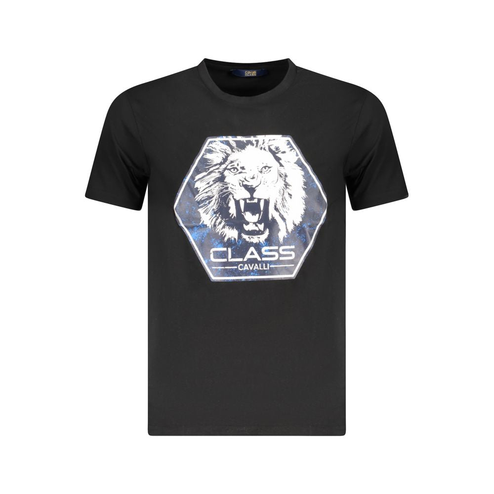 T-Shirt by Cavalli Class for men in cotton black & print showcases a unassuming silhouette, artfully detailed with a refined crew neckline and unassuming short-sleeve for a sophisticated, contemporary look.