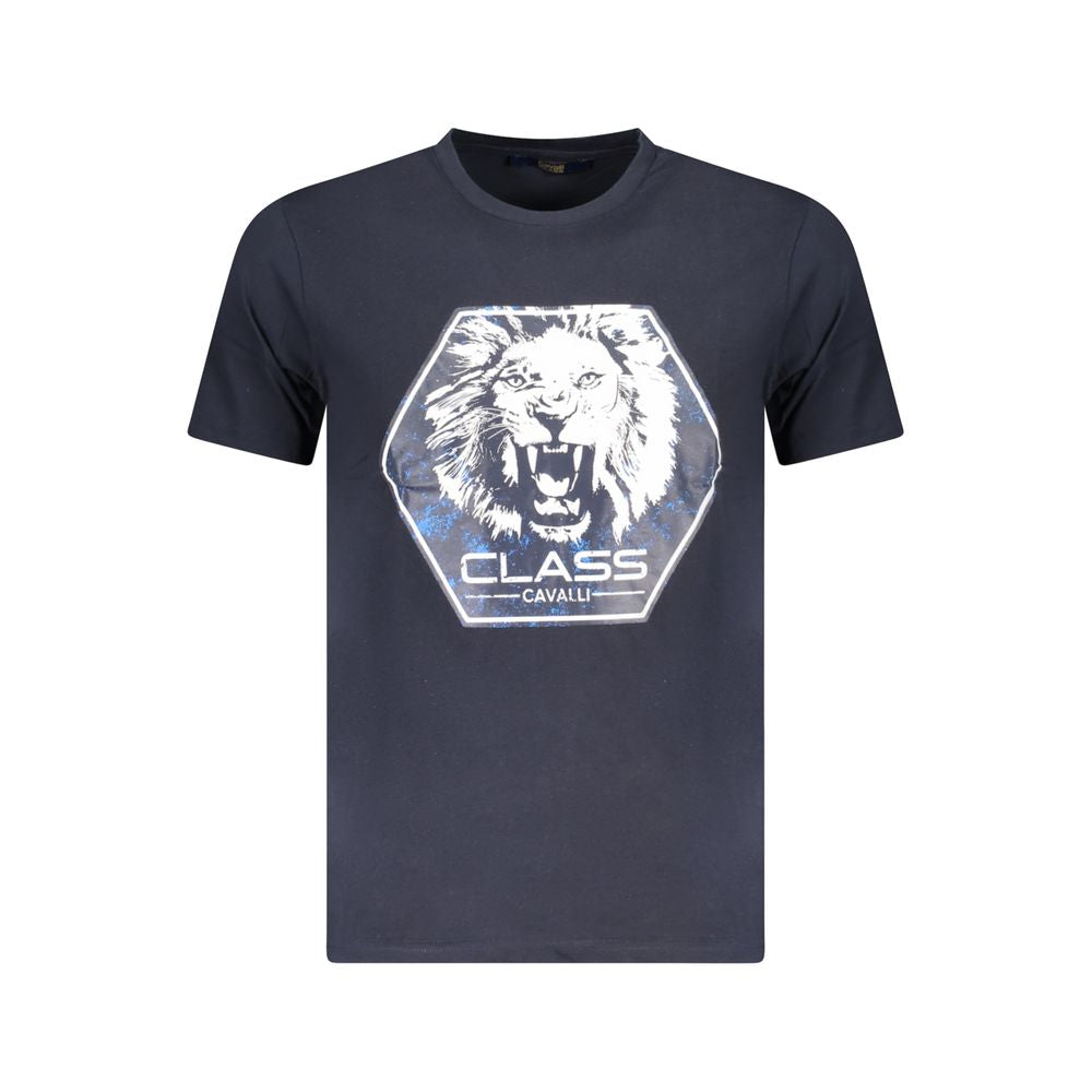 T-Shirt by Cavalli Class for men in denim cotton blue, signature & print showcases a unassuming silhouette, artfully detailed with a refined and unassuming for a sophisticated, contemporary look.