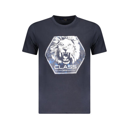T-Shirt by Cavalli Class for men in denim cotton blue, signature & print showcases a unassuming silhouette, artfully detailed with a refined and unassuming for a sophisticated, contemporary look.