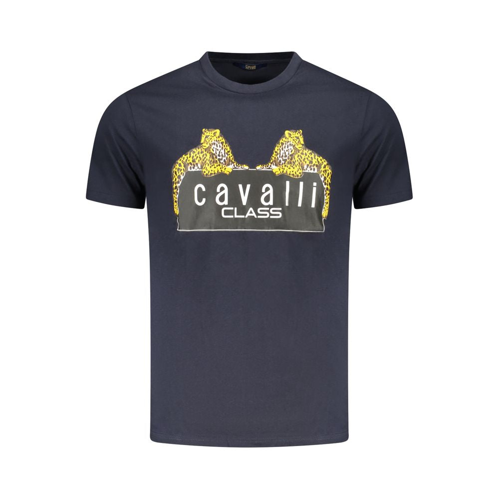 T-Shirt by Cavalli Class for men in cotton blue & print showcases a fashionable silhouette, elegantly detailed with a fashionable short-sleeve and crew neckline for a sophisticated, high-fashion look.