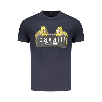T-Shirt by Cavalli Class for men in cotton blue & print showcases a fashionable silhouette, elegantly detailed with a fashionable short-sleeve and crew neckline for a sophisticated, high-fashion look.