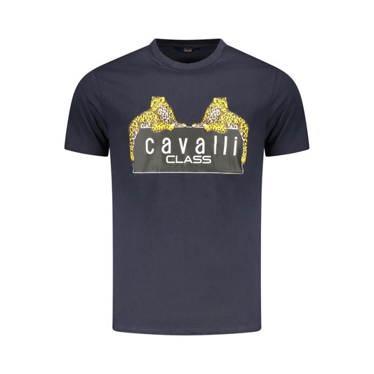 T-Shirt by Cavalli Class for men in cotton blue & print showcases a fashionable silhouette, elegantly detailed with a fashionable short-sleeve and crew neckline for a sophisticated, high-fashion look.