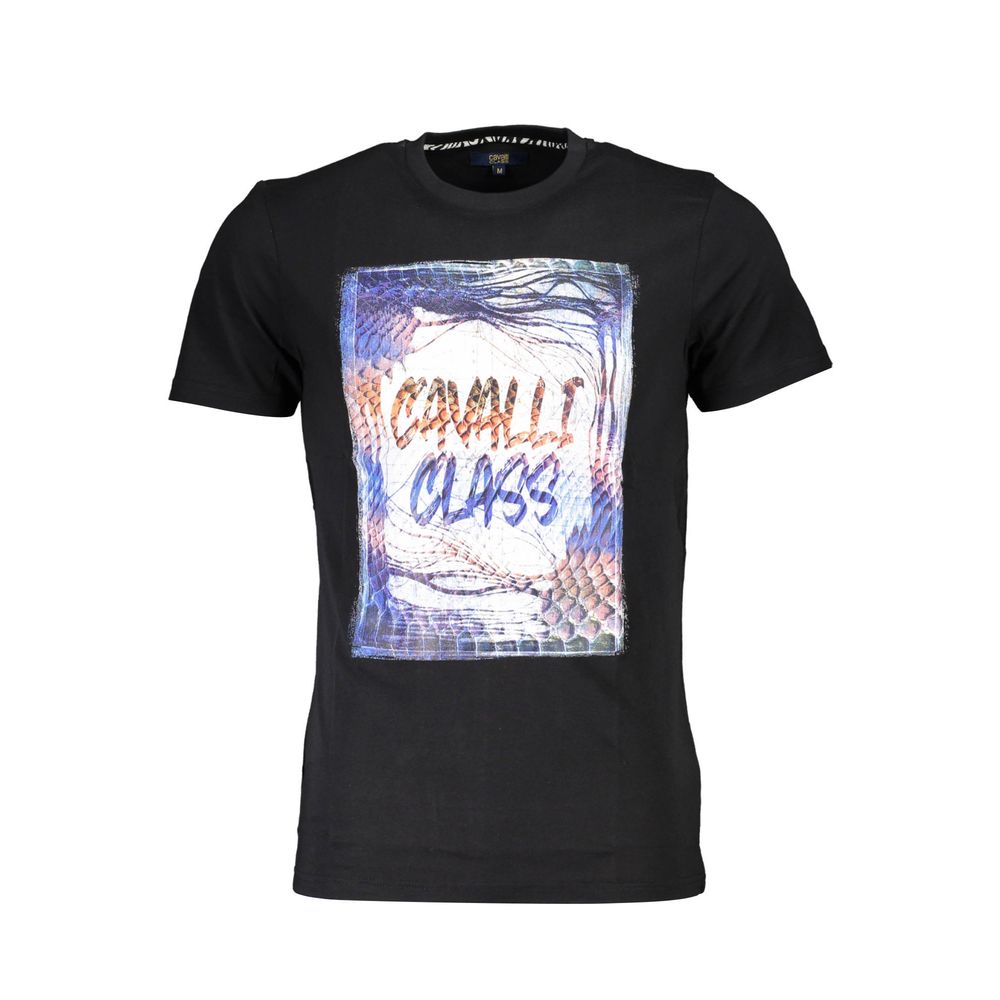 T-Shirt by Cavalli Class for men in cotton black & print features a plush silhouette, showcasing a sophisticated crew neckline and short-sleeve for a truly plush finish.