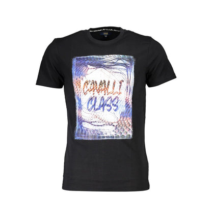 T-Shirt by Cavalli Class for men in cotton black & print features a plush silhouette, showcasing a sophisticated crew neckline and short-sleeve for a truly plush finish.