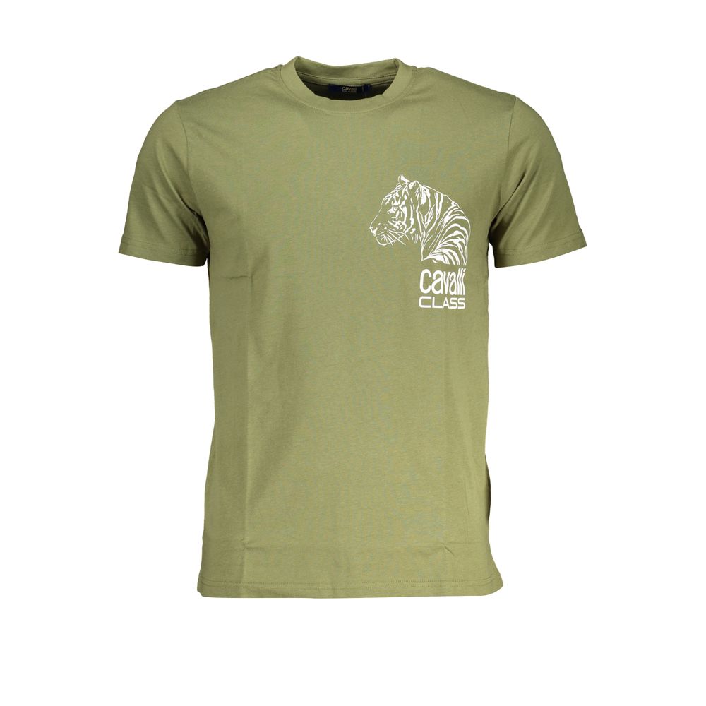 T-Shirt by Cavalli Class for men in cotton green & print showcases a fashionable silhouette, elegantly detailed with a fashionable and crew neckline for a sophisticated, high-fashion look.