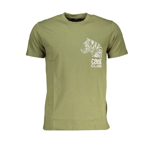 T-Shirt by Cavalli Class for men in cotton green & print showcases a fashionable silhouette, elegantly detailed with a fashionable and crew neckline for a sophisticated, high-fashion look.