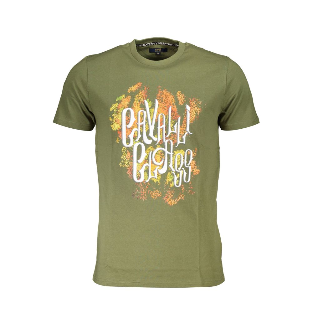 T-Shirt by Cavalli Class for men in cotton green & print features an edgy silhouette, meticulously detailed with a sophisticated short-sleeve and crew neckline for a truly edgy finish.