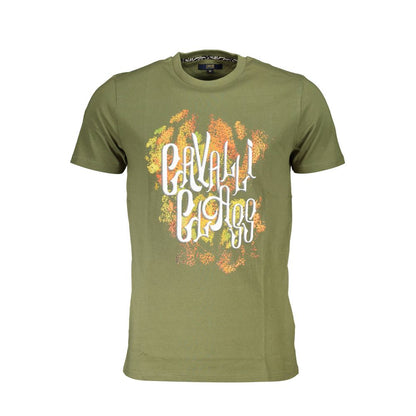 T-Shirt by Cavalli Class for men in cotton green & print features an edgy silhouette, meticulously detailed with a sophisticated short-sleeve and crew neckline for a truly edgy finish.
