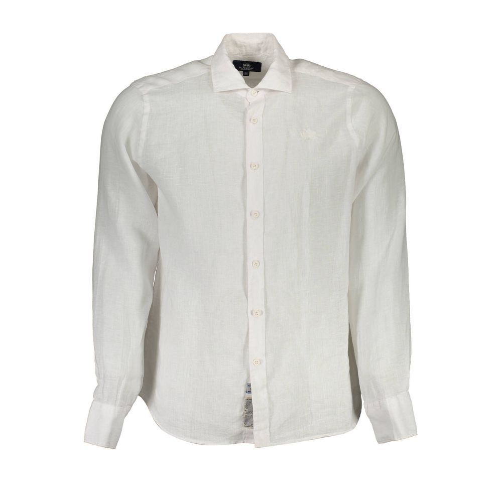 Shirt by La Martina for men in linen white showcases a sleek silhouette, elegantly detailed with a sleek and long-sleeve for a sleek finish.