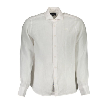 Shirt by La Martina for men in linen white showcases a sleek silhouette, elegantly detailed with a sleek and long-sleeve for a sleek finish.
