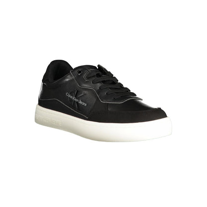 Athletic Sneakers by Calvin Klein for men in polyester polyethylene leather black features an architectural silhouette, showcasing the premium athletic style of the Men's Athletic Polyester Polyethylene Leather Sneakers with an architectural finish.