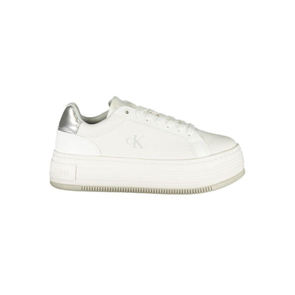 Sneakers by Calvin Klein for women in polyester polyethylene leather silver & white features an sumptuous design from the Women's Fashion Polyester Polyethylene Leather Sneakers collection, highlighting a sumptuous fashion style for a premium, high-fashion look.
