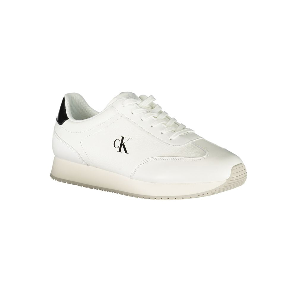 Sneakers by Calvin Klein for men in polyester polyethylene leather black & white presents a sumptuous silhouette, artfully capturing the essence of the Men's Fashion Polyester Polyethylene Leather Sneakers with its sumptuous fashion style design.