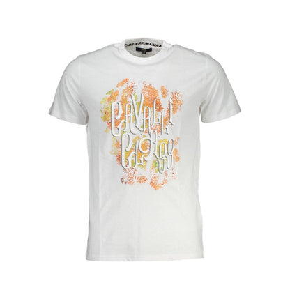 T-Shirt by Cavalli Class for men in cotton white & print showcases a unassuming silhouette, artfully detailed with a refined and unassuming short-sleeve for a sophisticated, contemporary look.