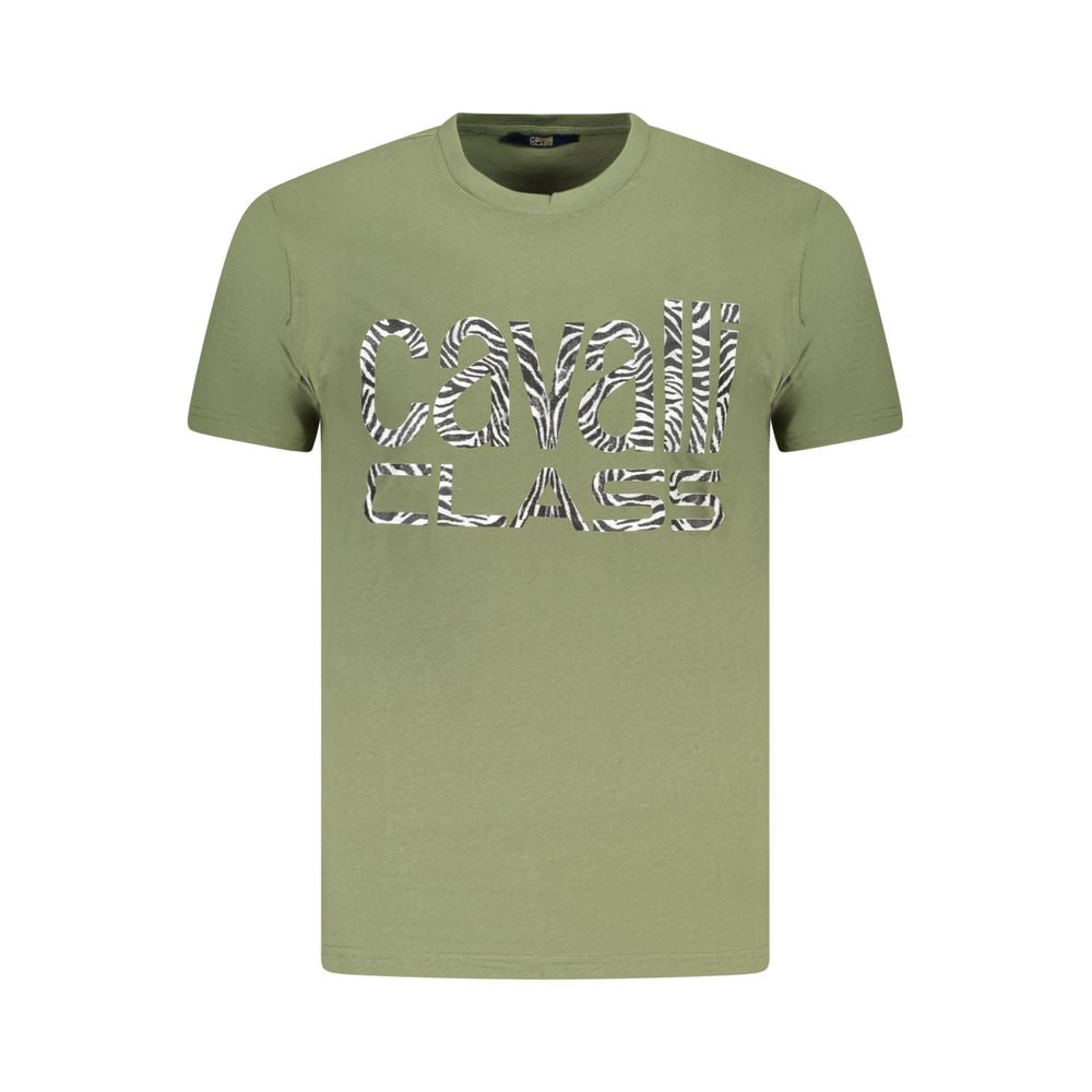 T-Shirt by Cavalli Class for men in cotton green & print showcases a fashionable silhouette, elegantly detailed with a fashionable short-sleeve and crew neckline for a sophisticated, high-fashion look.