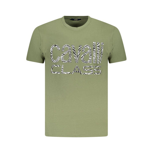 T-Shirt by Cavalli Class for men in cotton green & print showcases a fashionable silhouette, elegantly detailed with a fashionable short-sleeve and crew neckline for a sophisticated, high-fashion look.