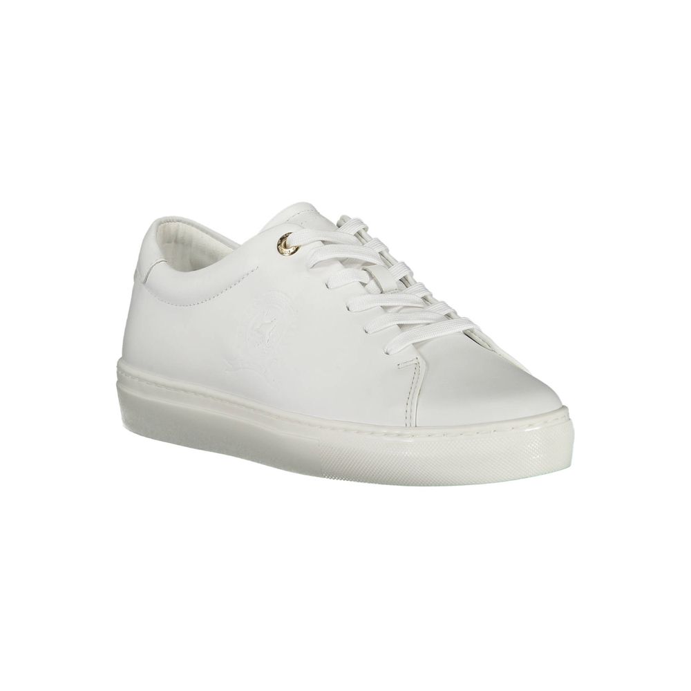 Sneakers by Tommy Hilfiger for women in polyester leather white presents a sumptuous silhouette from the Women's Casual Polyester Leather Sneakers collection, showcasing a sumptuous casual style for an elevated aesthetic.