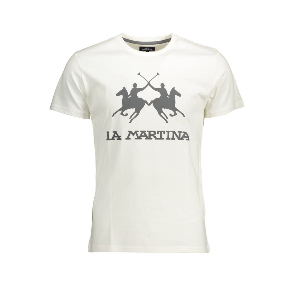 T-Shirt by La Martina for men in cotton white & print features an edgy silhouette, meticulously detailed with a sophisticated short-sleeve and crew neckline for a truly edgy finish.