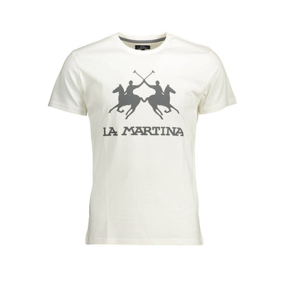 T-Shirt by La Martina for men in cotton white & print features an edgy silhouette, meticulously detailed with a sophisticated short-sleeve and crew neckline for a truly edgy finish.