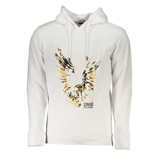 Hooded Sweatshirt Hoodie by Cavalli Class for men in cotton polyester white & print features an dramatic silhouette, showcasing a sophisticated hooded neckline and dramatic long-sleeve for a refined, modern aesthetic.