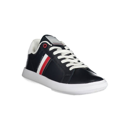 Sneakers by Tommy Hilfiger for men in polyester polyethylene leather blue presents a sumptuous silhouette, artfully capturing the essence of the Men's Fashion Polyester Polyethylene Leather Sneakers with its sumptuous fashion style design.