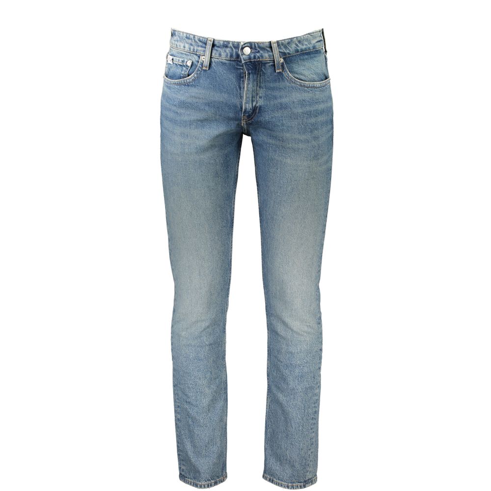 Jeans by Calvin Klein for men in cotton blue presents a tailored silhouette, showcasing a tailored slim and long cut with a refined for a truly tailored aesthetic.