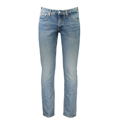 Jeans by Calvin Klein for men in cotton blue presents a tailored silhouette, showcasing a tailored slim and long cut with a refined for a truly tailored aesthetic.