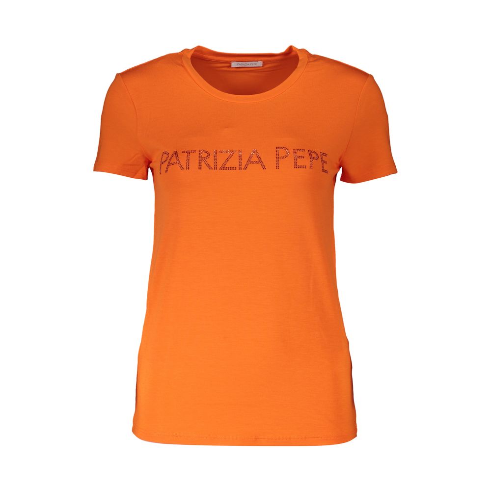 T-Shirt by Patrizia Pepe for women in stretch viscose & rhinestone orange showcases a unassuming silhouette, artfully detailed with a refined crew neckline and unassuming short-sleeve for a sophisticated, contemporary look.