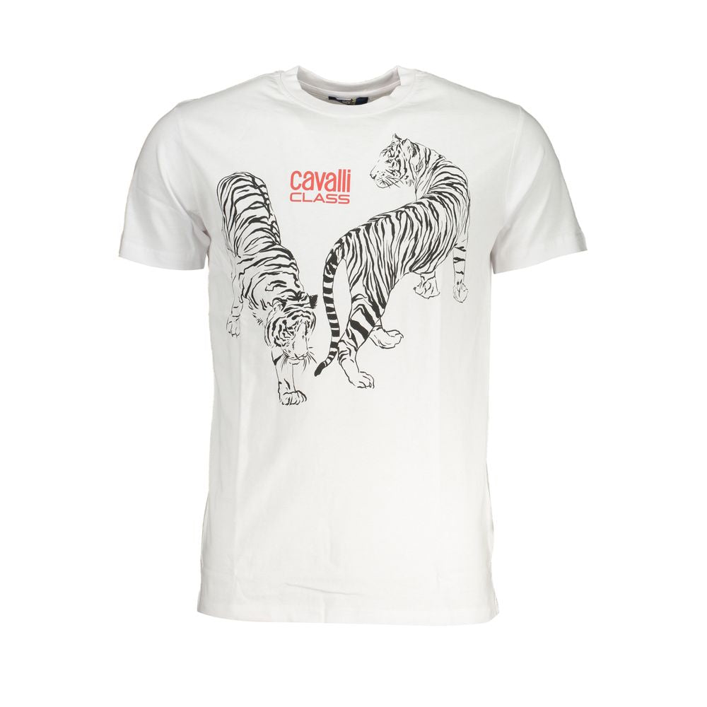 T-Shirt by Cavalli Class for men in cotton white & print features an edgy silhouette, meticulously detailed with a sophisticated and crew neckline for a truly edgy finish.