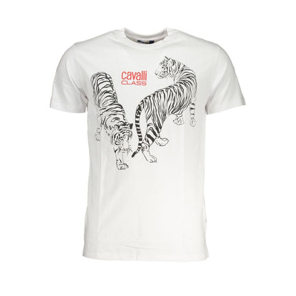 T-Shirt by Cavalli Class for men in cotton white & print features an edgy silhouette, meticulously detailed with a sophisticated and crew neckline for a truly edgy finish.
