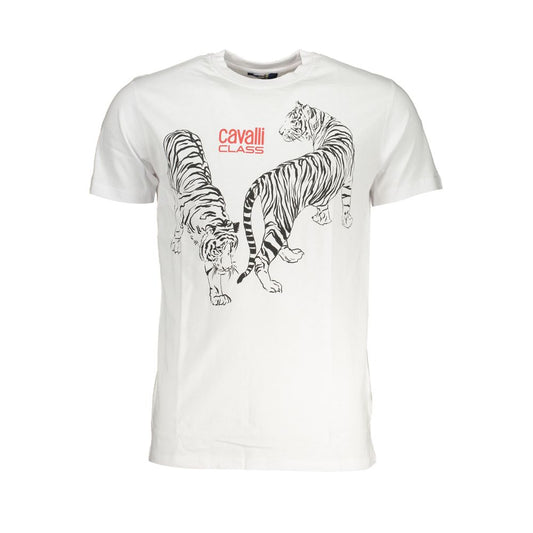 T-Shirt by Cavalli Class for men in cotton white & print features an edgy silhouette, meticulously detailed with a sophisticated and crew neckline for a truly edgy finish.