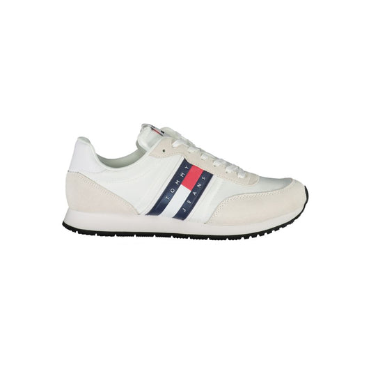 Sneakers by Tommy Hilfiger for men in polyester polyurethane leather beige & white presents a sumptuous silhouette, artfully capturing the essence of the Men's Low Top Polyester Polyurethane Leather Sneakers with its sumptuous low-top style design.