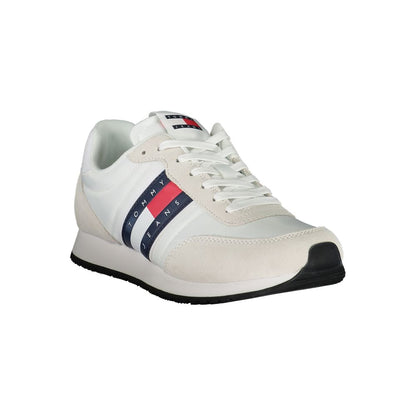 Sneakers by Tommy Hilfiger for men in polyester polyurethane leather beige & white features an opulent silhouette from the Men's Low Top Polyester Polyurethane Leather Sneakers collection, showcasing a signature low-top style with an opulent finish.
