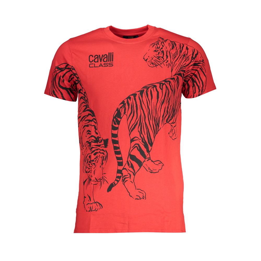 T-Shirt by Cavalli Class for men in cotton red & print showcases a unassuming silhouette, artfully detailed with a refined wrap crew neckline and unassuming short-sleeve for a sophisticated, contemporary look.
