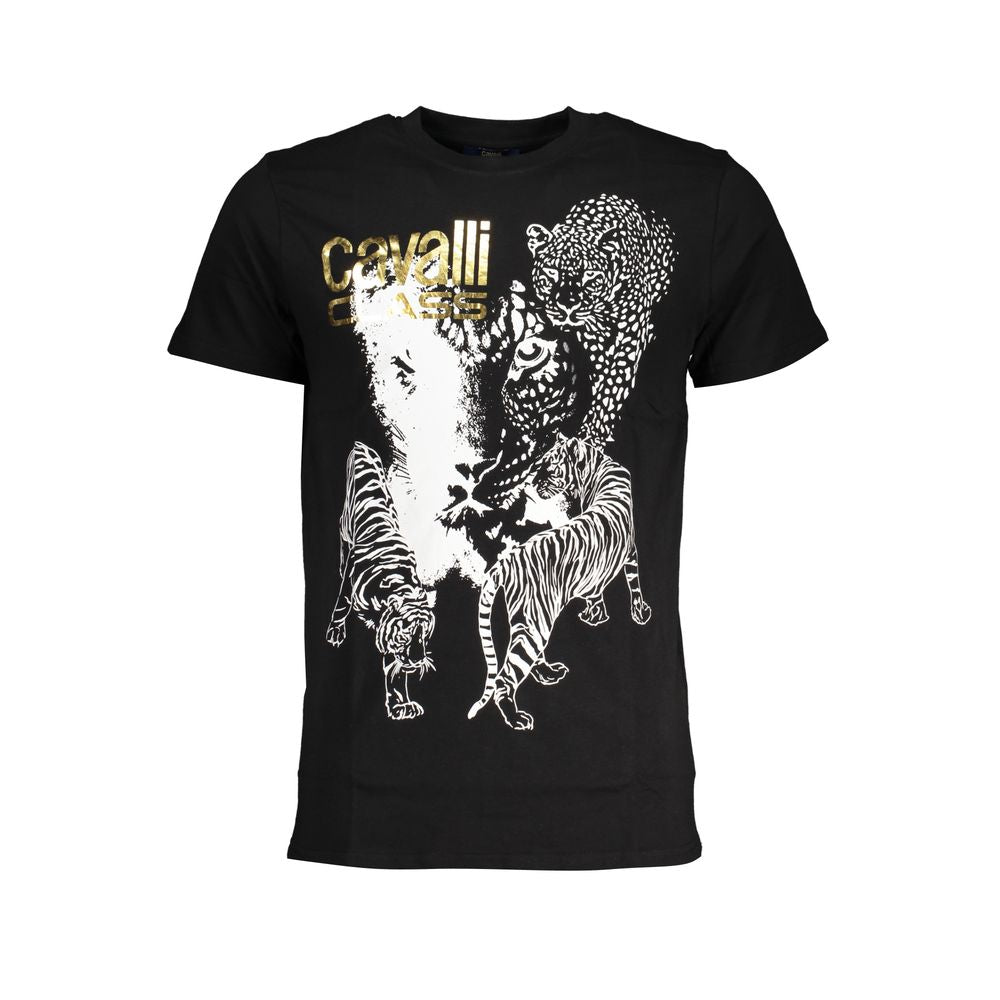 T-Shirt by Cavalli Class for men in cotton black & print showcases a chic silhouette, artfully detailed with a chic crew neckline and short-sleeve for a chic finish.