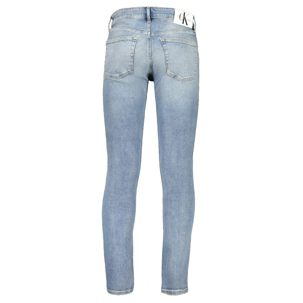 Jeans by Calvin Klein for men in stretch denim cotton blue features an sartorial tapered-leg & slim and long with a cut for a sartorial finish.
