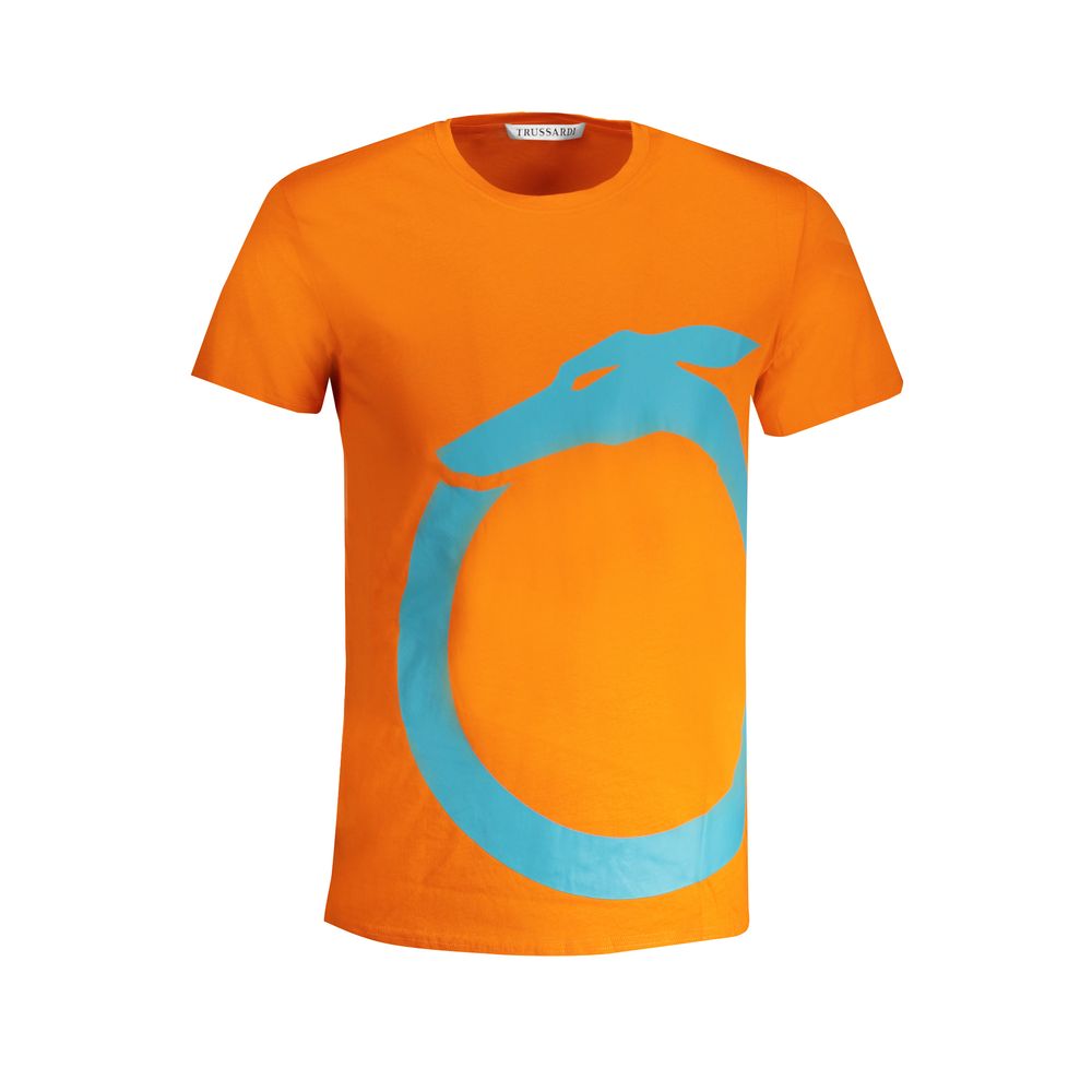 T-Shirt by Trussardi for men in cotton orange & print showcases a fashionable silhouette, elegantly detailed with a fashionable and crew neckline for a sophisticated, high-fashion look.