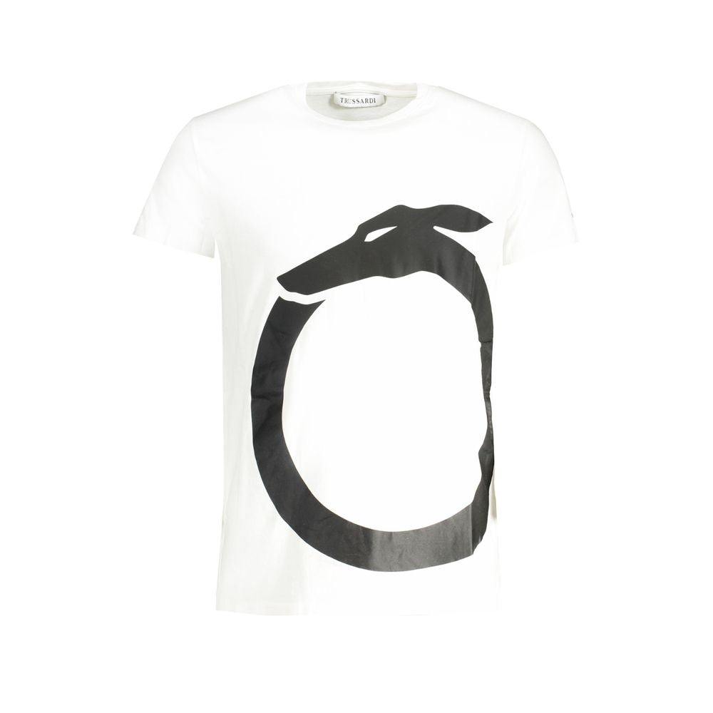 T-Shirt by Trussardi for men in stretch cotton white & print showcases a chic silhouette, artfully detailed with a chic crew neckline and for a chic finish.