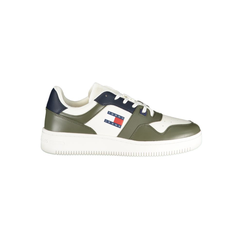 Sneakers by Tommy Hilfiger for men in polyester polyethylene leather blue, green & white presents a sumptuous silhouette, artfully capturing the essence of the Men's Fashion Polyester Polyethylene Leather Sneakers with its sumptuous fashion style design.