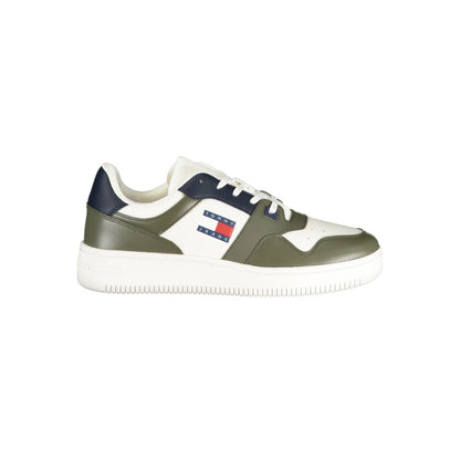 Sneakers by Tommy Hilfiger for men in polyester polyethylene leather blue, green & white presents a sumptuous silhouette, artfully capturing the essence of the Men's Fashion Polyester Polyethylene Leather Sneakers with its sumptuous fashion style design.