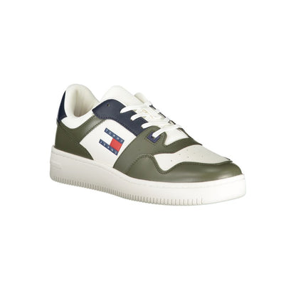 Sneakers by Tommy Hilfiger for men in polyester polyethylene leather blue, green & white presents a sumptuous silhouette as Men's Fashion Polyester Polyethylene Leather Sneakers, expertly defined by a sumptuous fashion style for a sumptuous, high-fashion look.