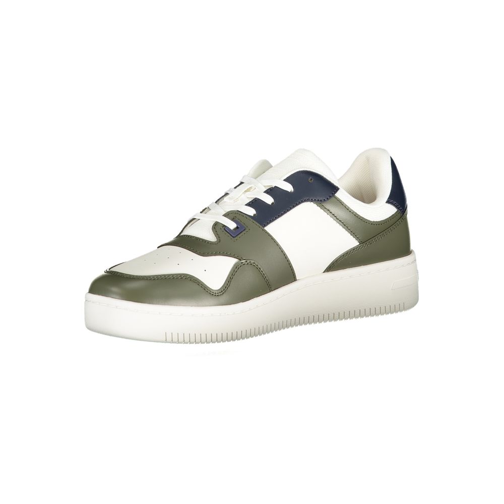 Sneakers by Tommy Hilfiger for men in polyester polyethylene leather blue, green & white presents a sumptuous silhouette, artfully capturing the essence of the Men's Fashion Polyester Polyethylene Leather Sneakers with its sumptuous fashion style design.
