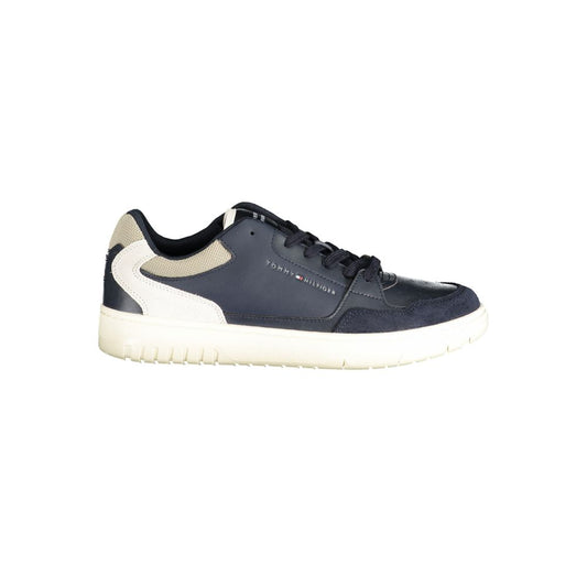 Athletic Sneakers by Tommy Hilfiger for men in polyester polyethylene leather blue features an architectural silhouette, showcasing the premium athletic style of the Play Men's Athletic Polyester Polyethylene Leather Sneakers with an architectural finish.