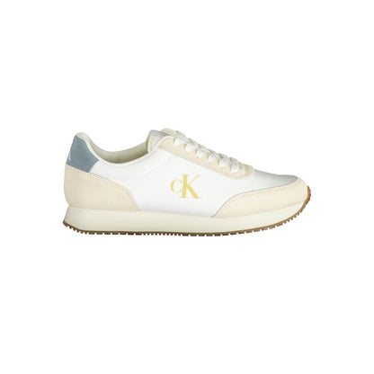 Sneakers by Calvin Klein for men in polyester polyethylene leather beige, blue & white features an sumptuous silhouette, showcasing the premium Crisp Men's Fashion Polyester Polyethylene Leather Sneakers in a sumptuous fashion style that offers a sumptuous finish for refined style.