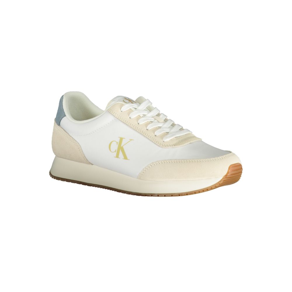 Sneakers by Calvin Klein for men in polyester polyethylene leather beige, blue & white presents a sumptuous silhouette, artfully capturing the essence of the Crisp Men's Fashion Polyester Polyethylene Leather Sneakers with its sumptuous fashion style design.